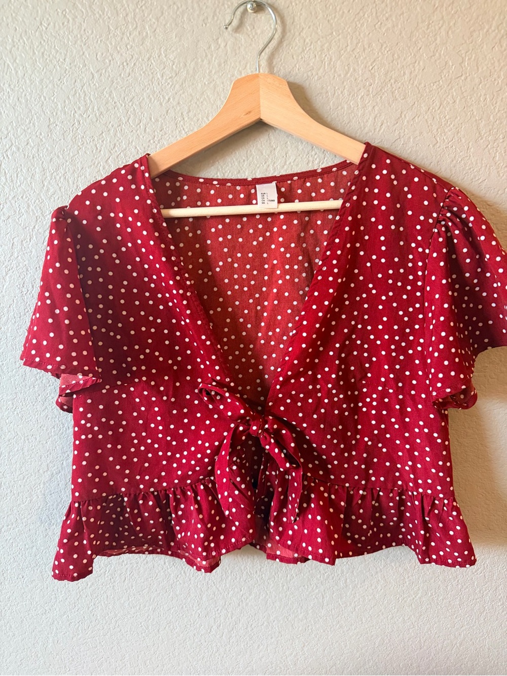 Source Unknown Red Polka Dot Tie-Front Crop Top
